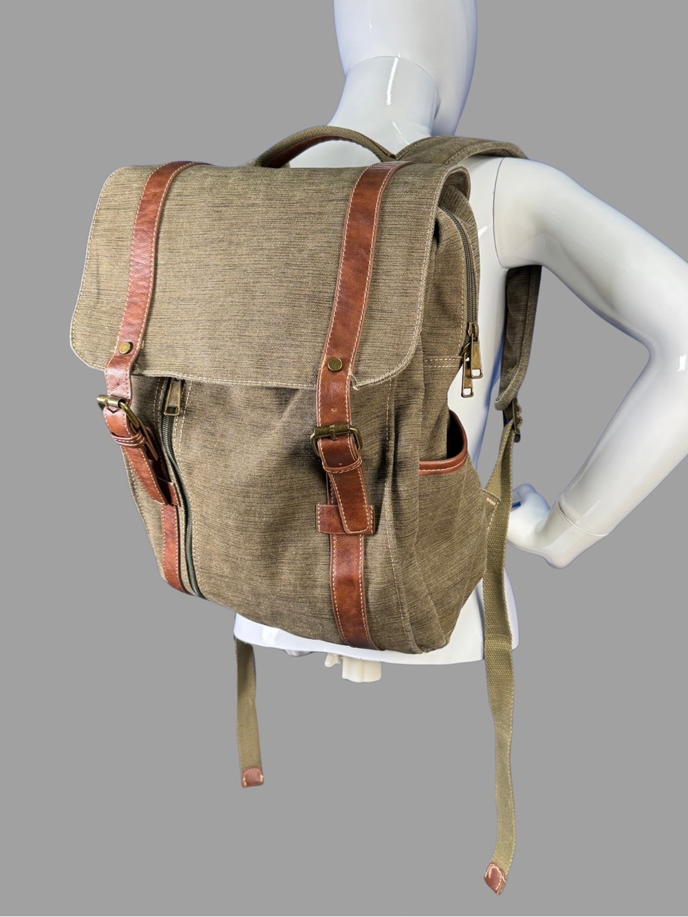 Cargoit Army Green and Brown Canvas Backpack with Leather Straps
